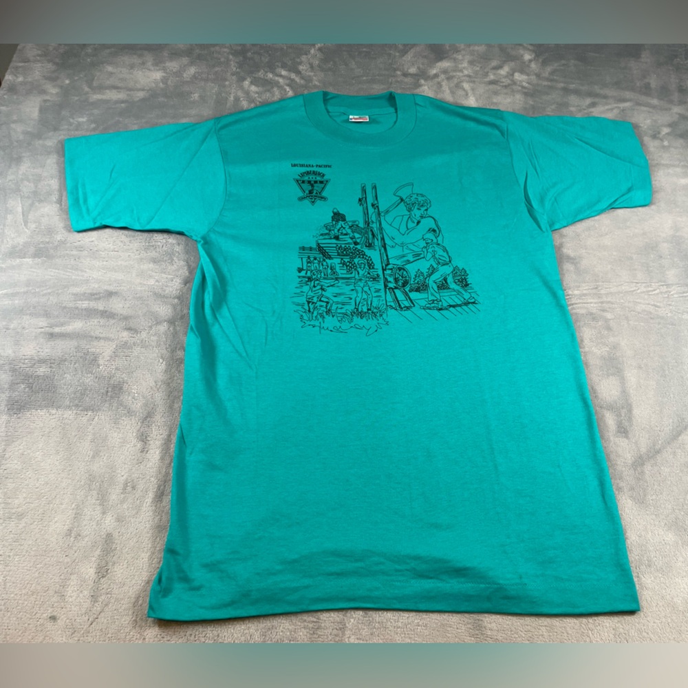 Vtg single stitch Louisiana pacific lumberjack word championships Teal T-Shirt L